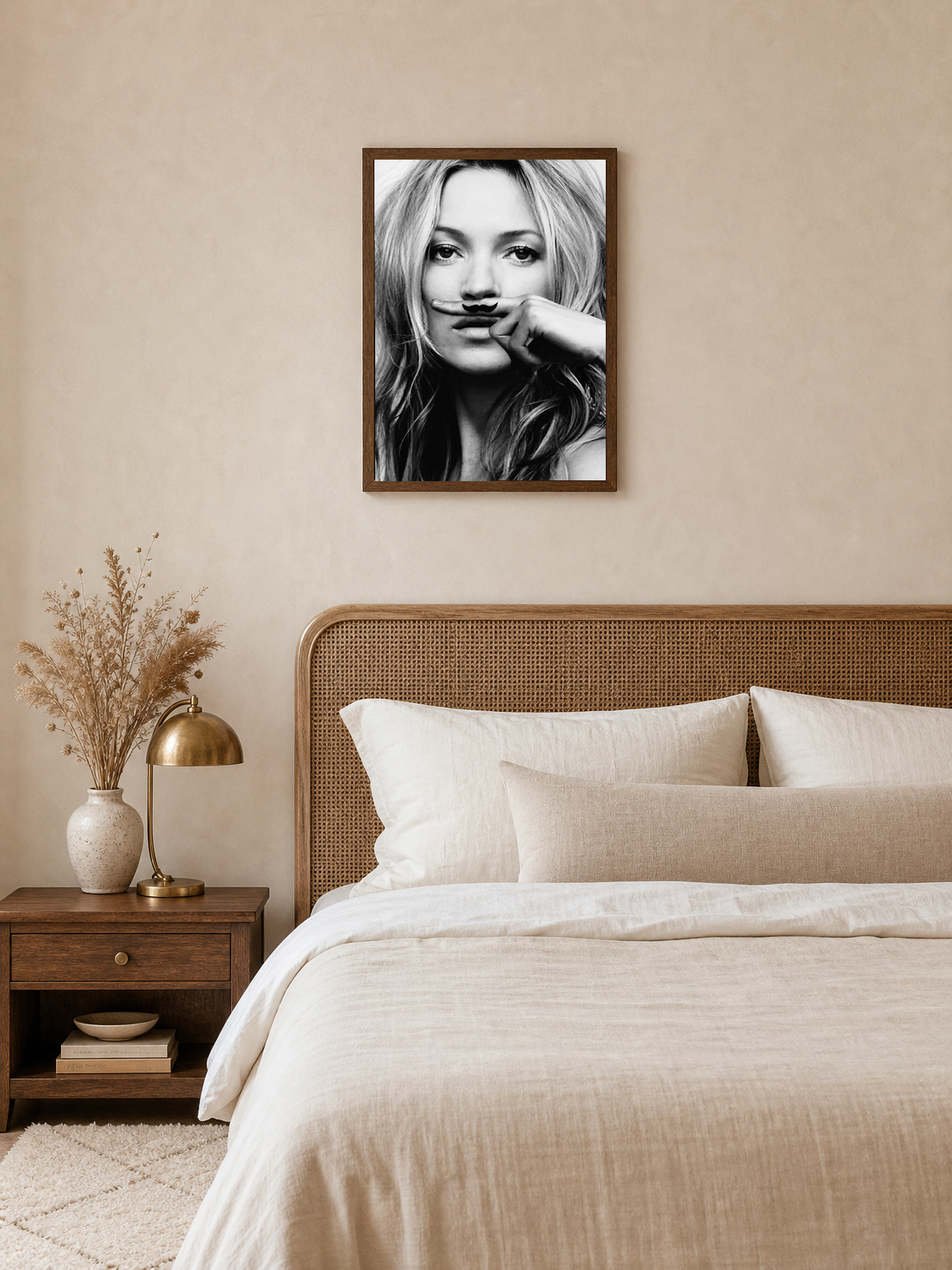 Playful Mustache Portrait Black & White Wall Art Print - dark wood framed