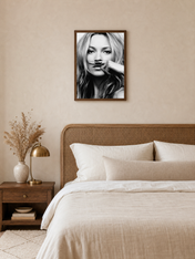 Playful Mustache Portrait Black & White Wall Art Print - dark wood framed