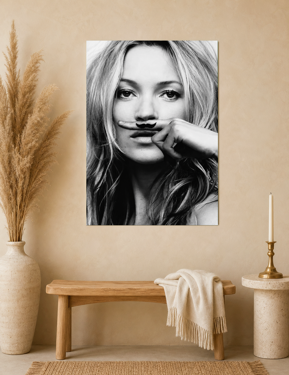 Playful Mustache Portrait Black & White Wall Art Print - unframed mockup