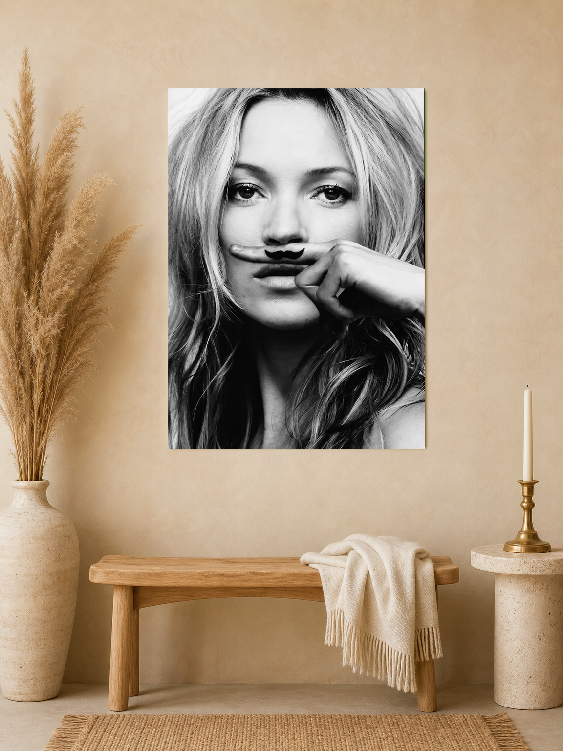 Playful Mustache Portrait Black & White Wall Art Print - unframed mockup
