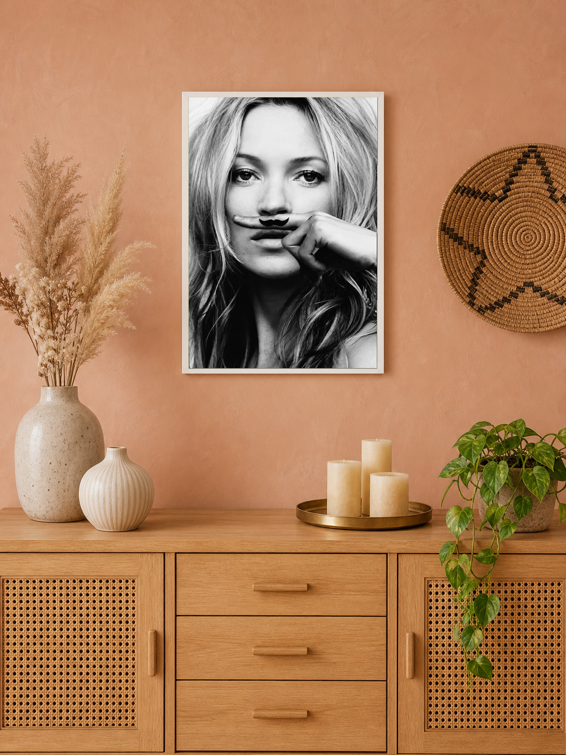 Playful Mustache Portrait Black & White Wall Art Print - white framed