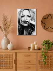 Playful Mustache Portrait Black & White Wall Art Print - white framed