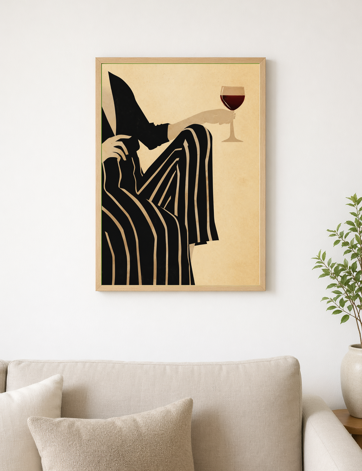 Striped Woman with Wine Modern Wall Art Print - wood framed poster