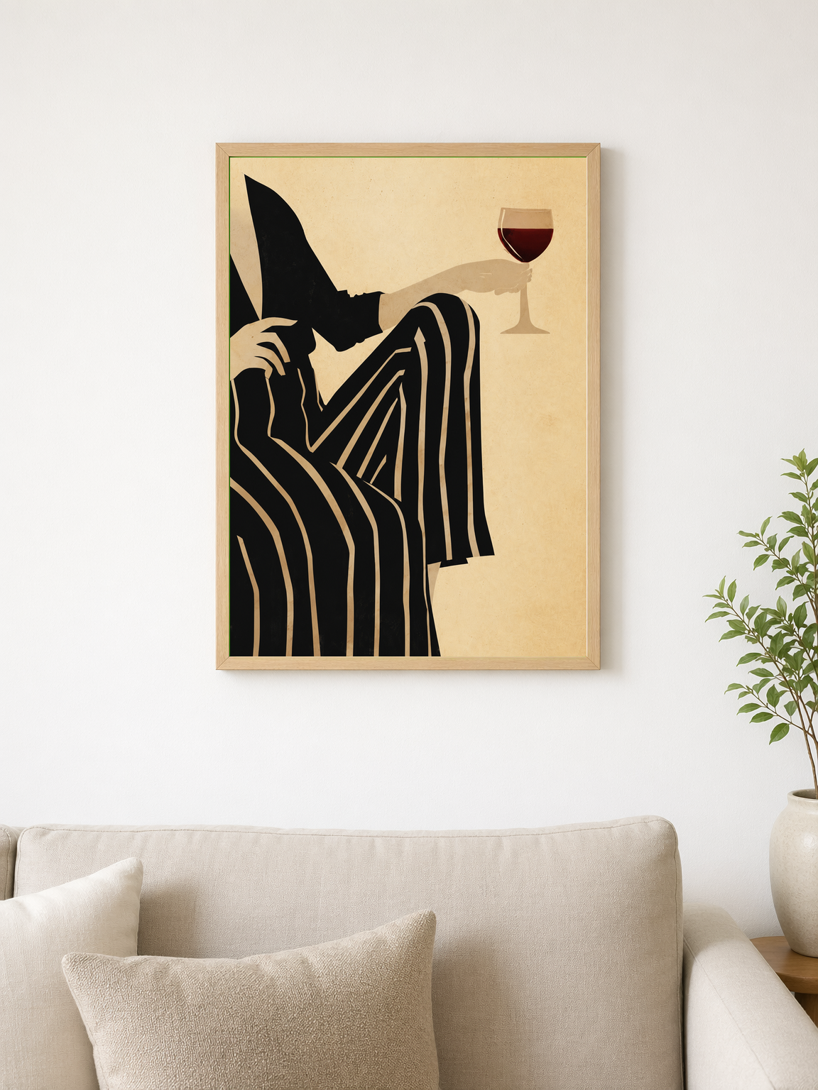 Striped Woman with Wine Modern Wall Art Print - wood framed poster