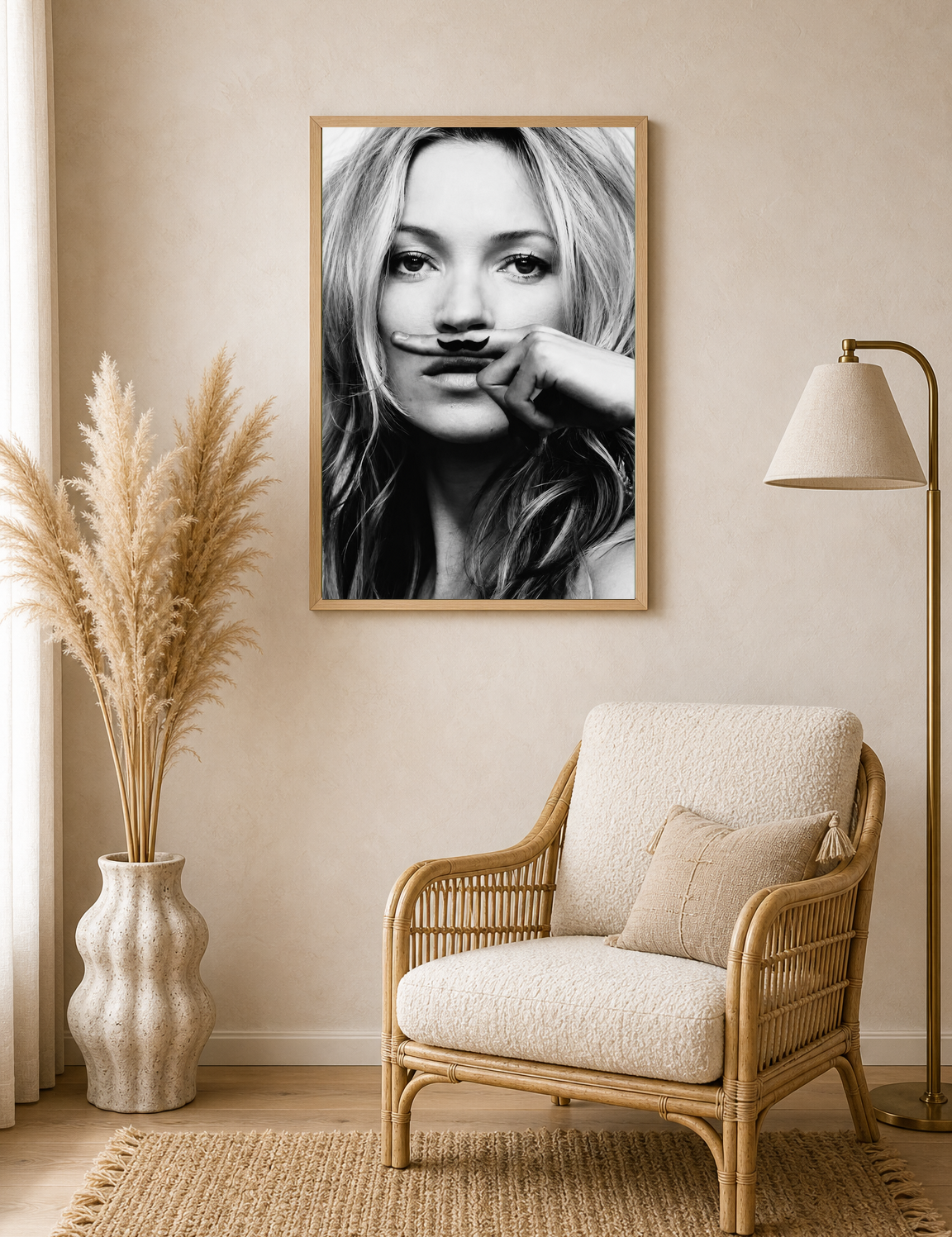 Playful Mustache Portrait Black & White Wall Art Print - wood framed poster