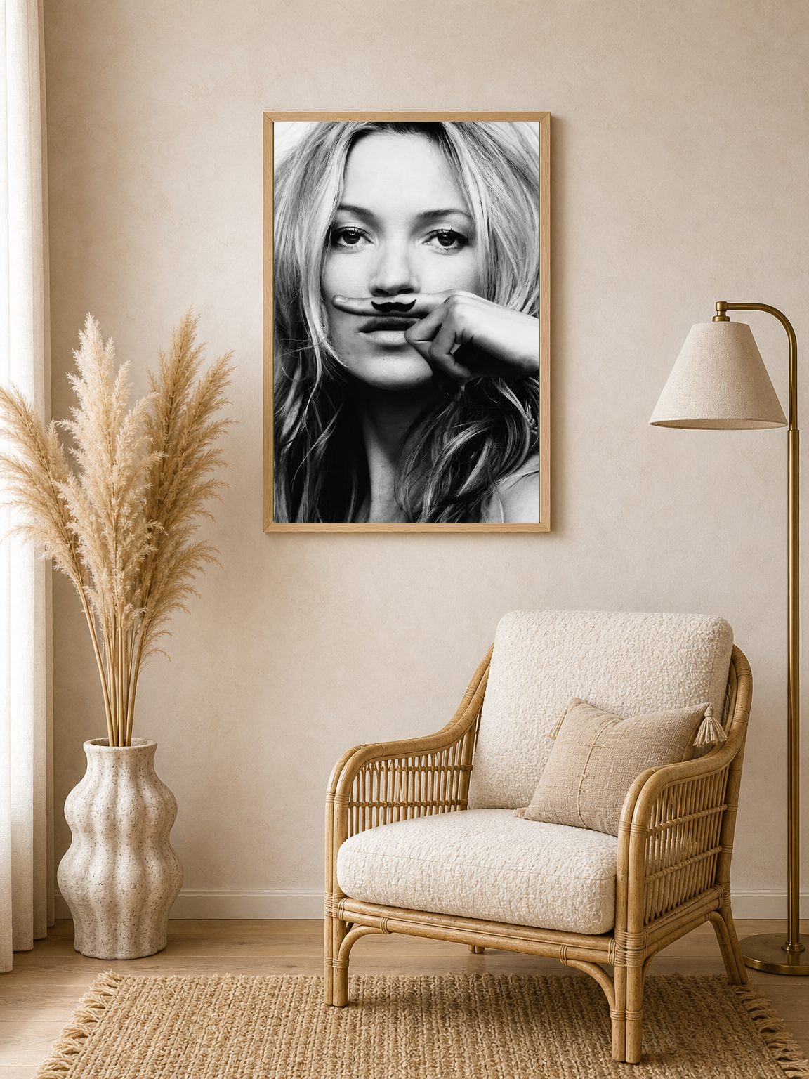 Playful Mustache Portrait Black & White Wall Art Print - wood framed poster