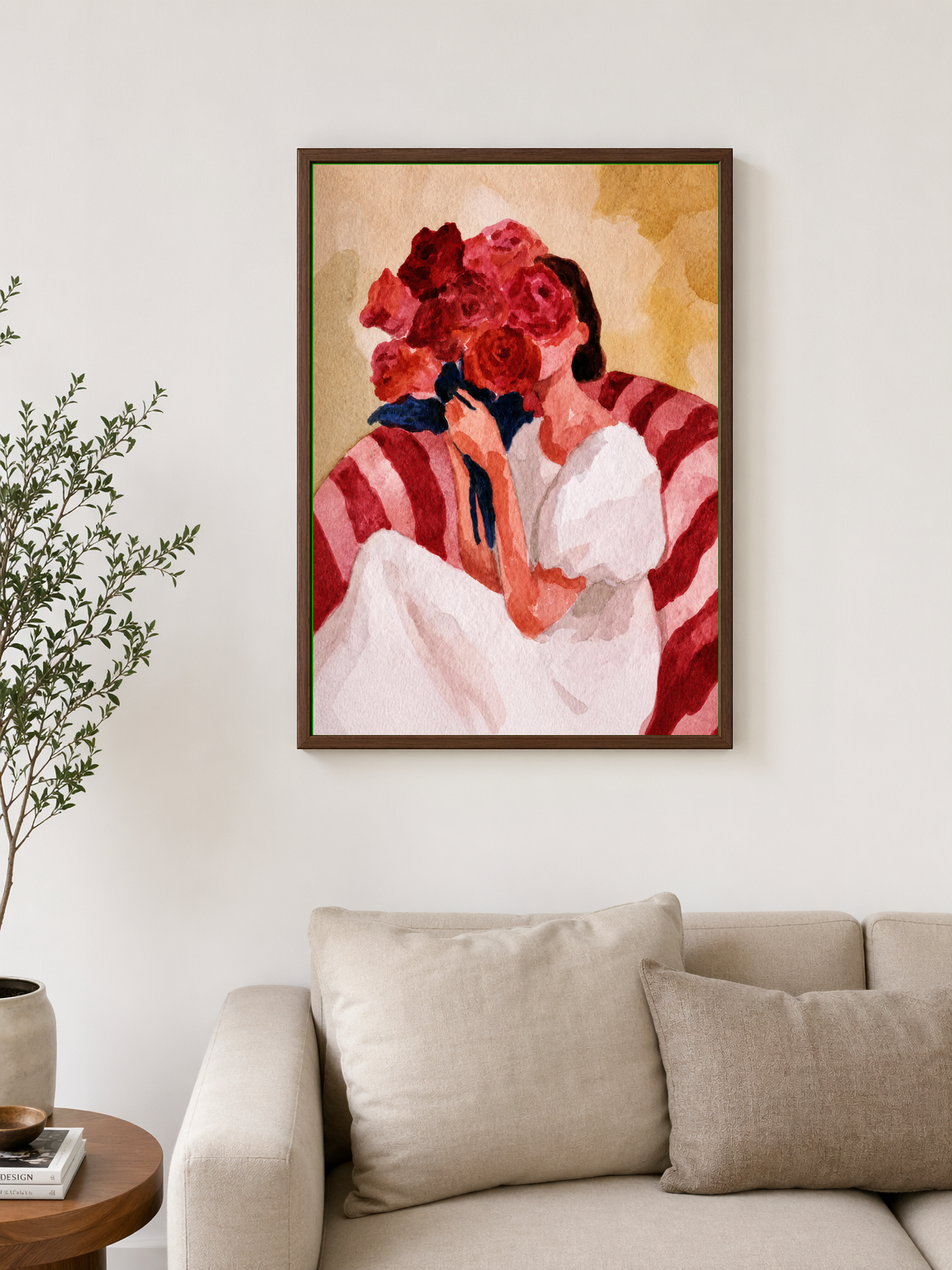Woman with Roses Wall Art Print - dark wood framed