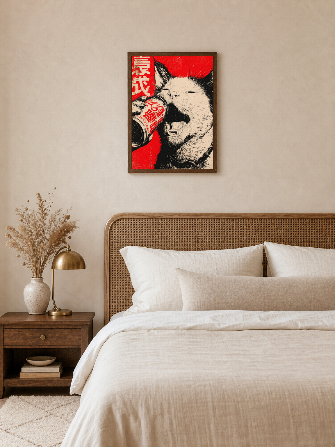 Japanese Punk Dog Soda Poster Wall Art Print - dark wood framed