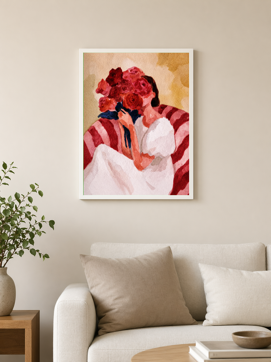 Woman with Roses Wall Art Print - white framed