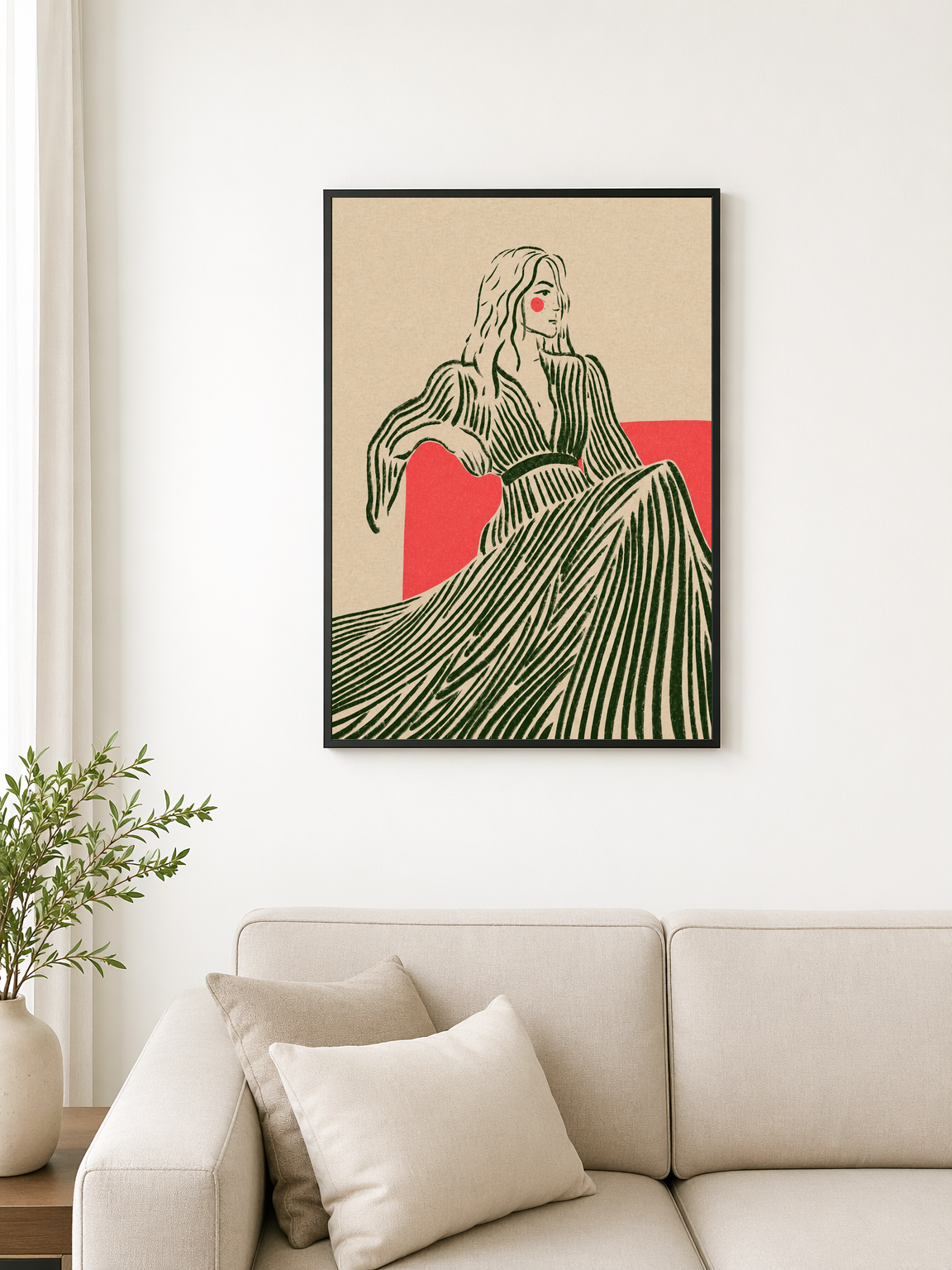 Minimalist Woman in Striped Dress Wall Art Print - black framed