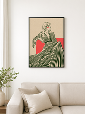 Minimalist Woman in Striped Dress Wall Art Print - black framed