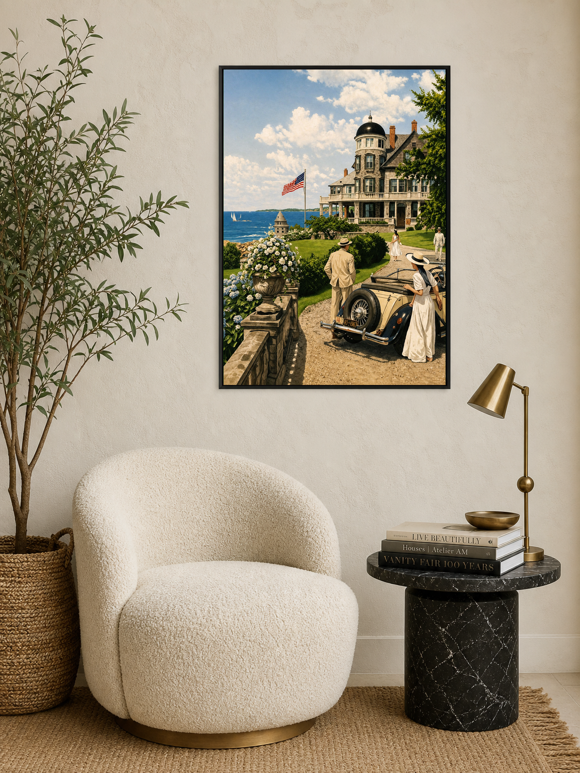 Vintage Coastal Mansion Drive Wall Art Print - black framed