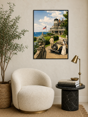 Vintage Coastal Mansion Drive Wall Art Print - black framed