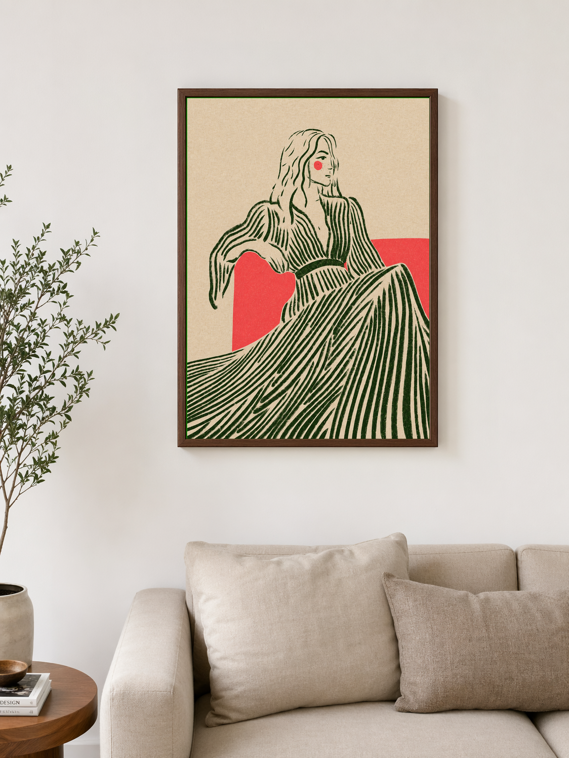 Minimalist Woman in Striped Dress Wall Art Print - dark wood framed