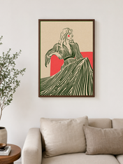Minimalist Woman in Striped Dress Wall Art Print - dark wood framed