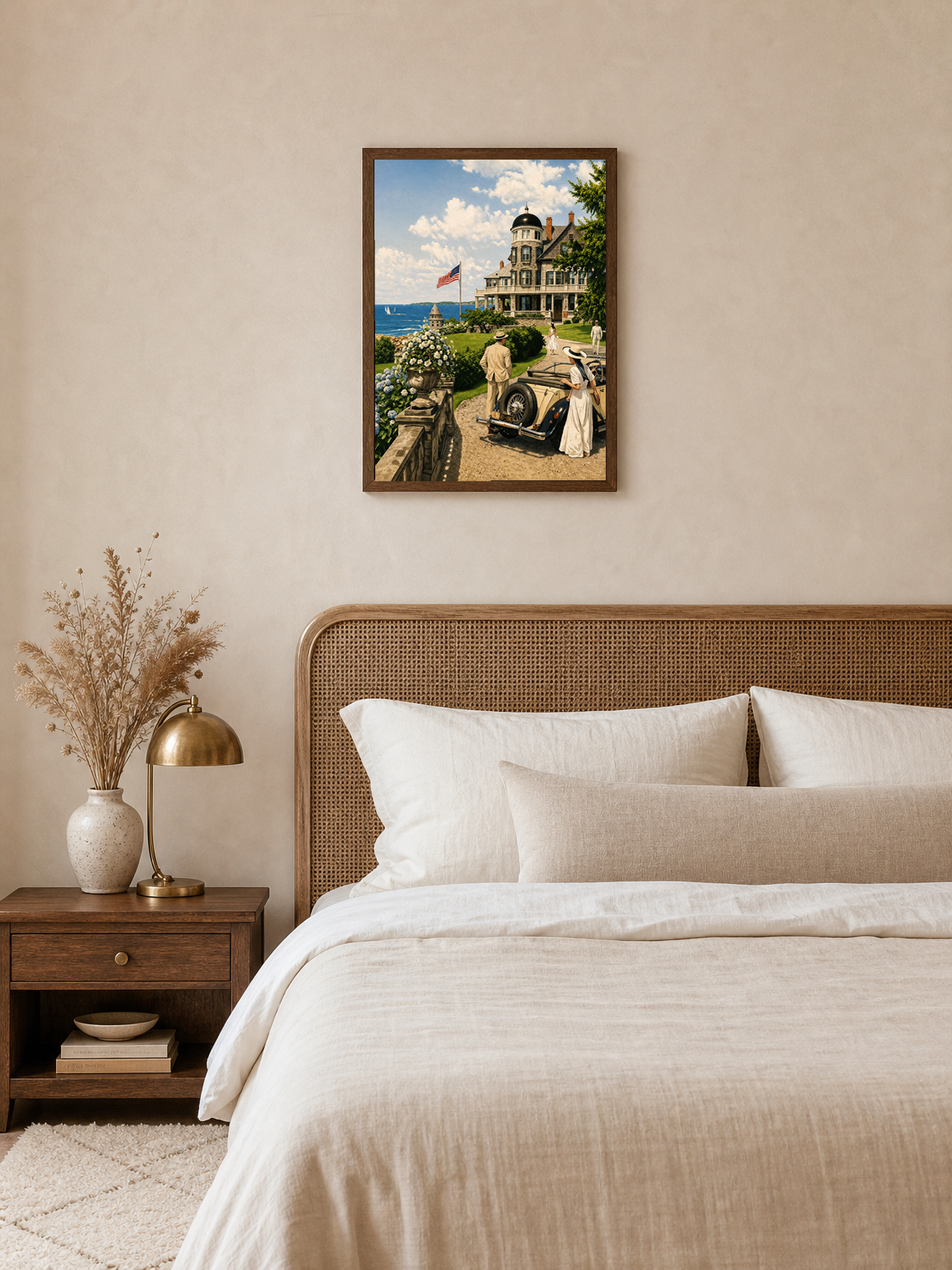 Vintage Coastal Mansion Drive Wall Art Print - dark wood framed