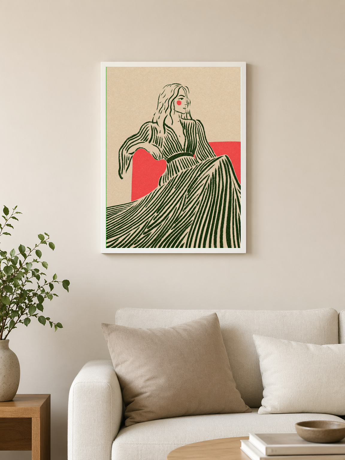 Minimalist Woman in Striped Dress Wall Art Print - white framed
