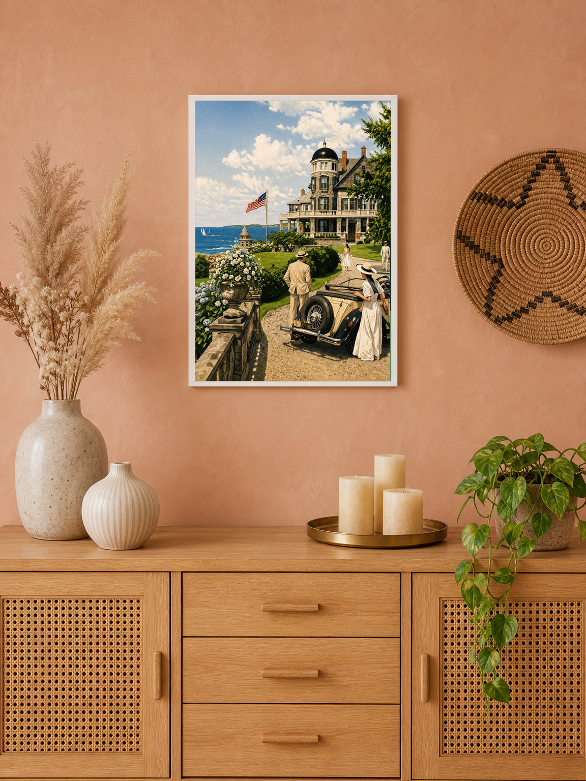 Vintage Coastal Mansion Drive Wall Art Print - white framed