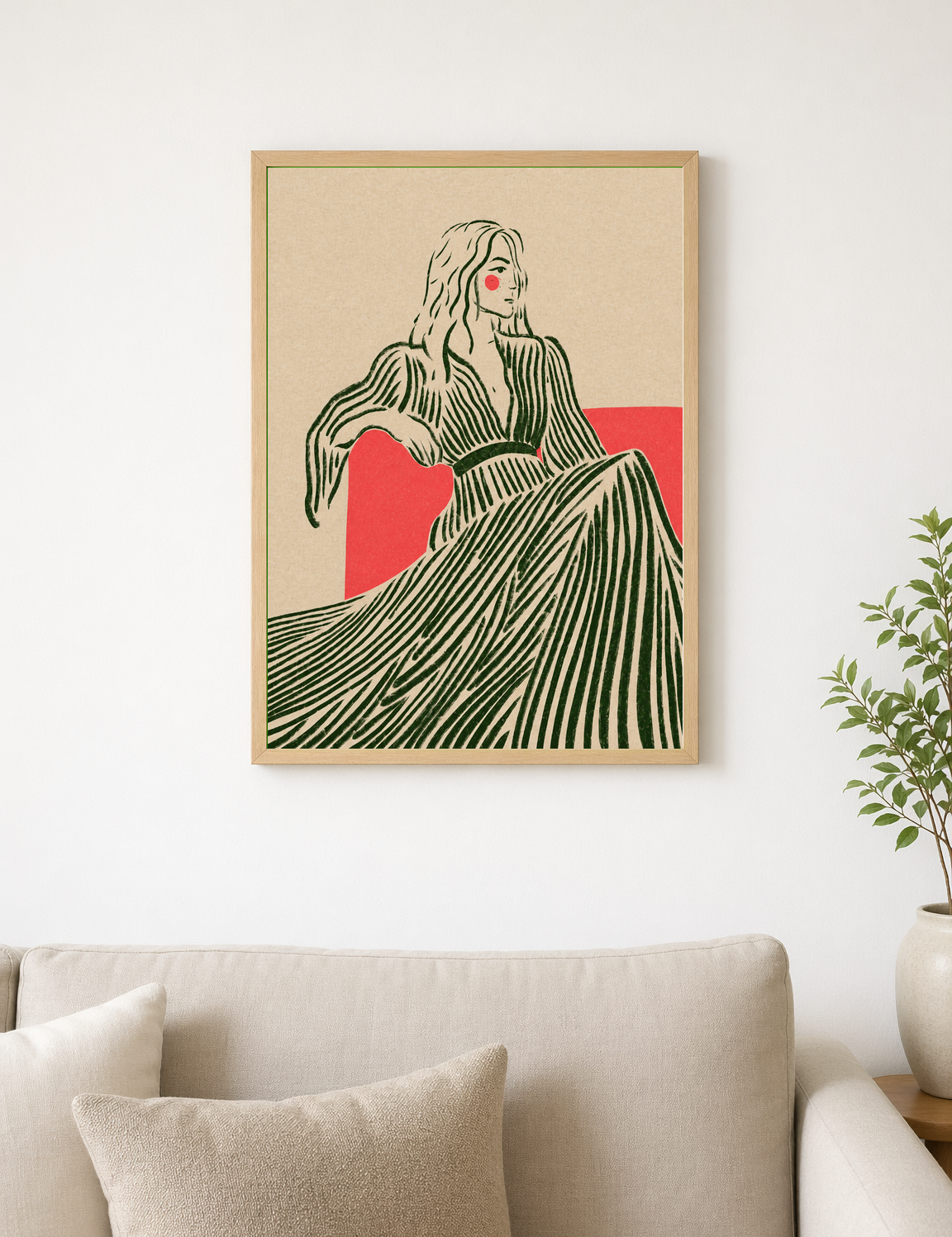 Minimalist Woman in Striped Dress Wall Art Print - wood framed poster