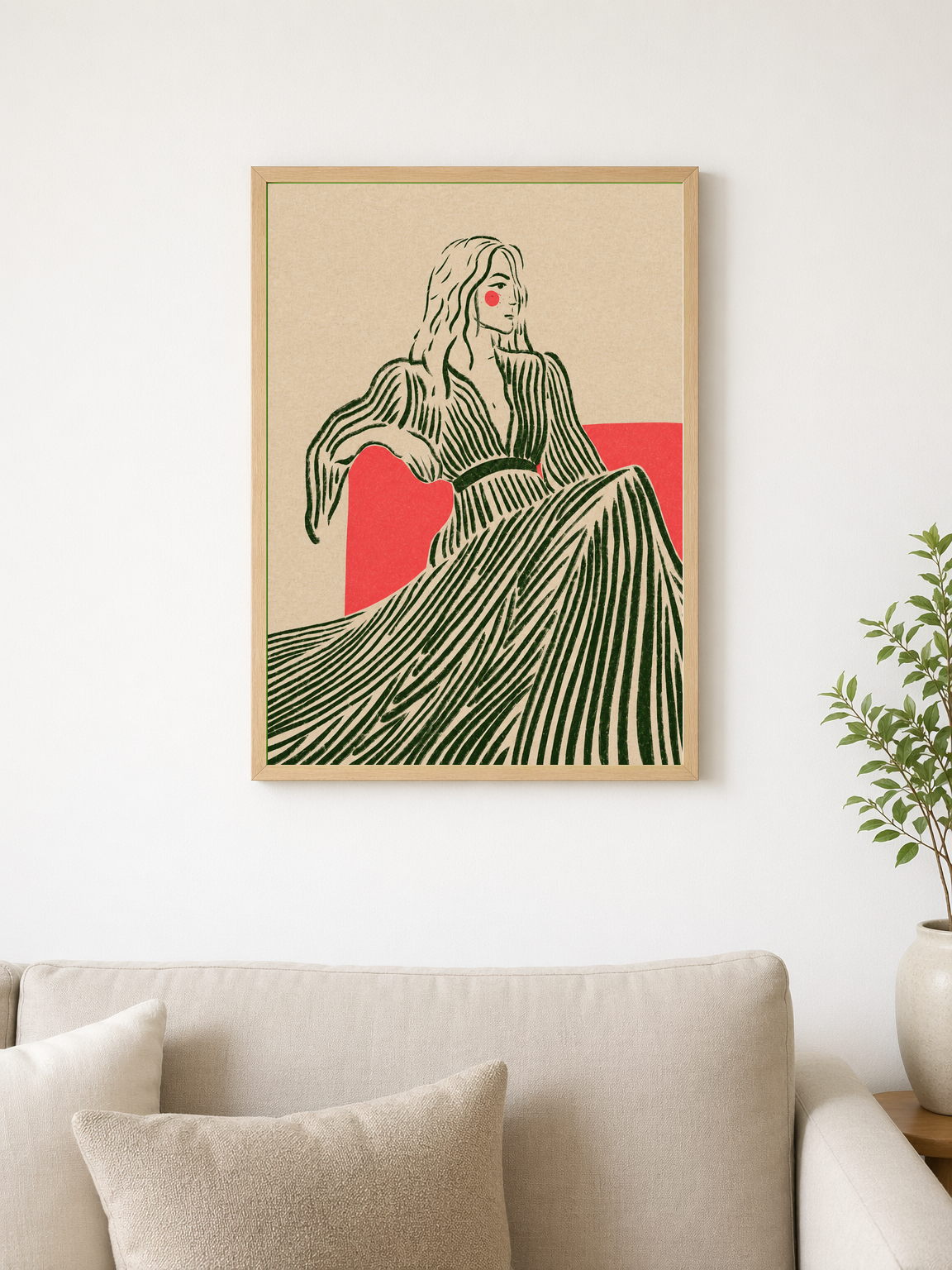 Minimalist Woman in Striped Dress Wall Art Print - wood framed poster