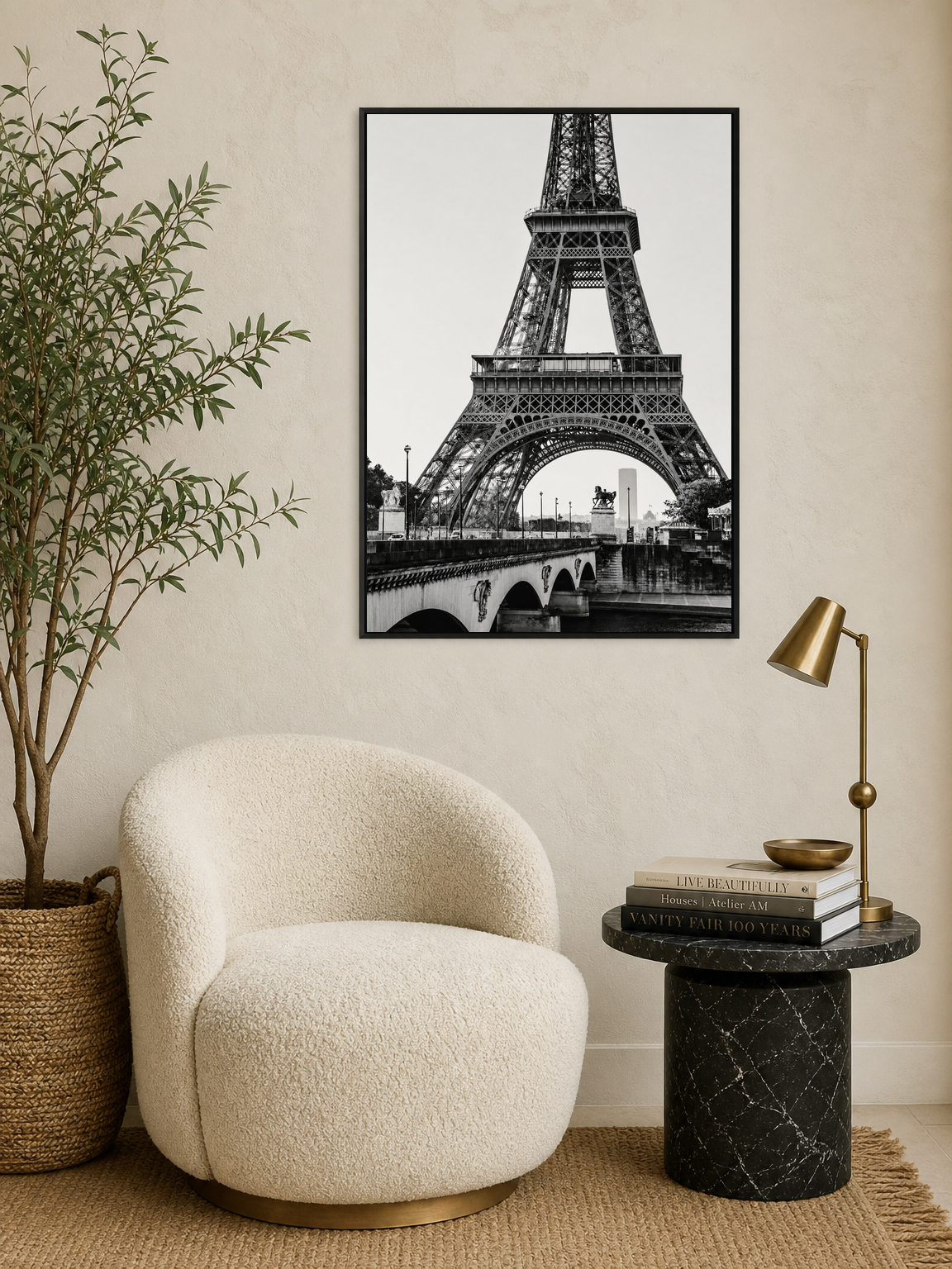 Black and White Eiffel Tower Wall Art Print - black framed