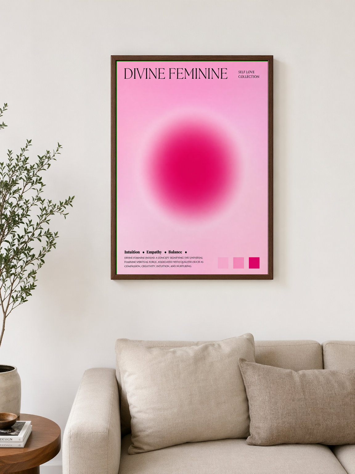 Divine Feminine Pink Aura Wall Art Print - dark wood framed