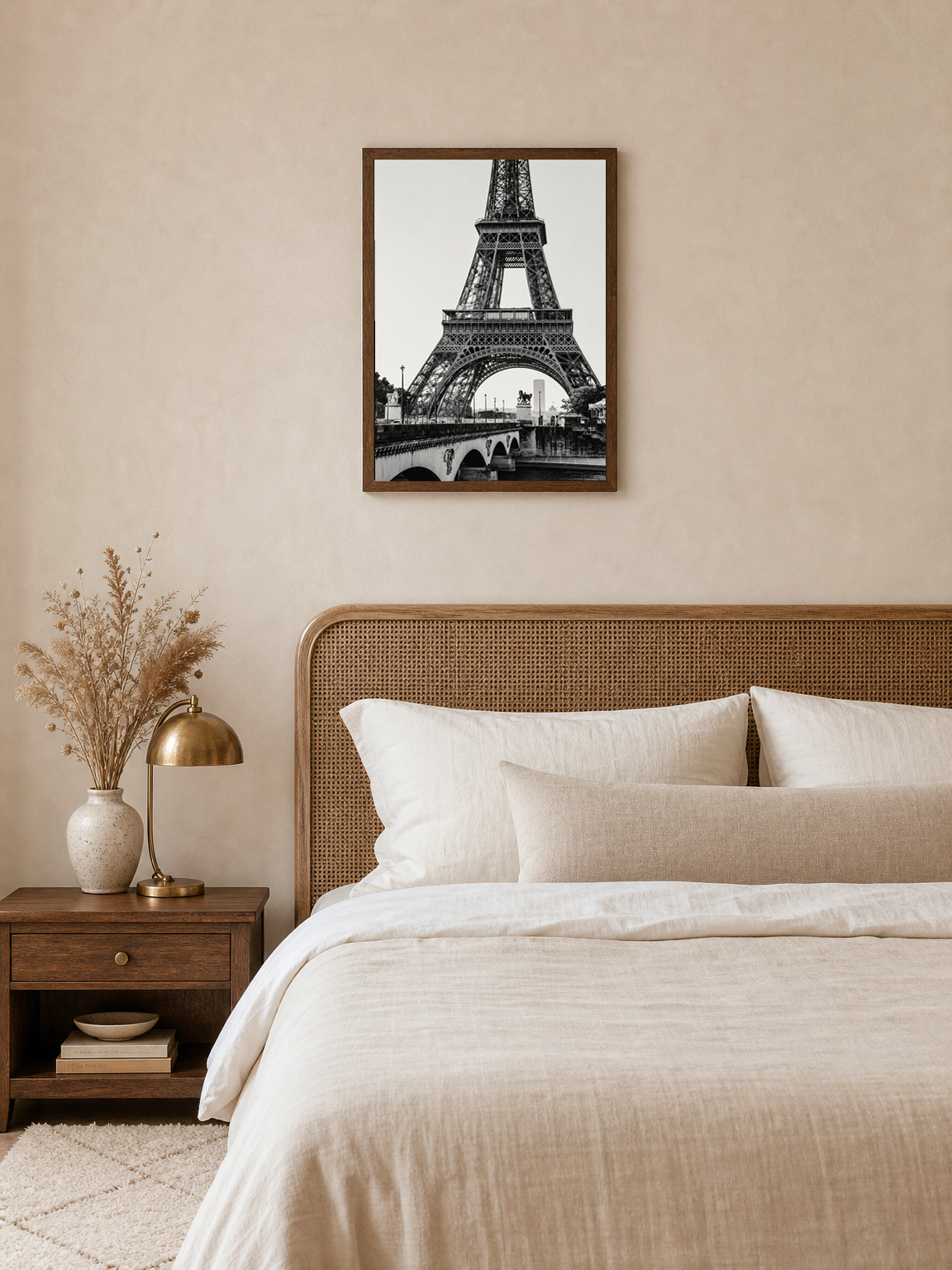Black and White Eiffel Tower Wall Art Print - dark wood framed