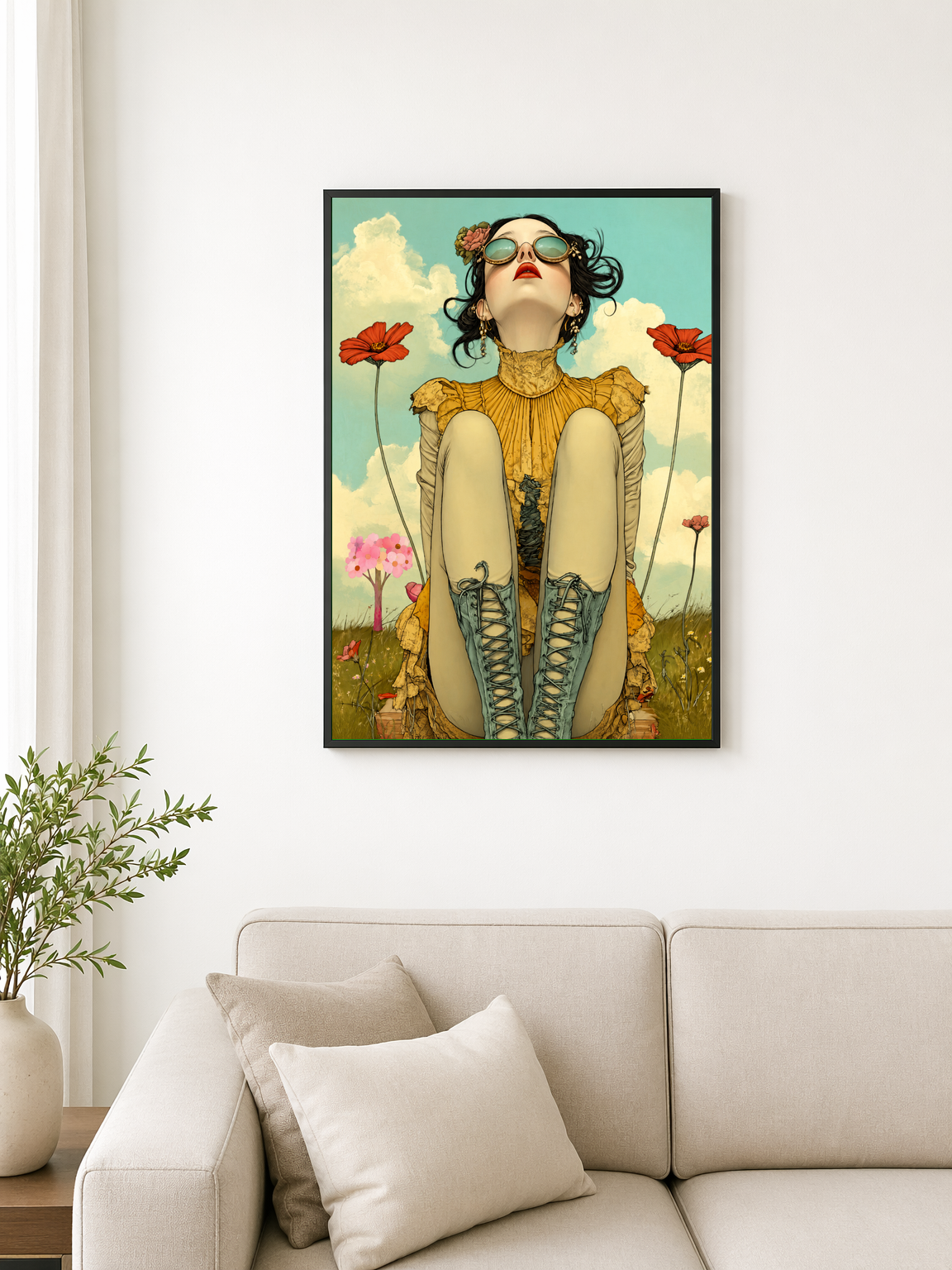 Whimsical Girl in Poppies Wall Art Print - black framed