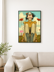 Whimsical Girl in Poppies Wall Art Print - black framed
