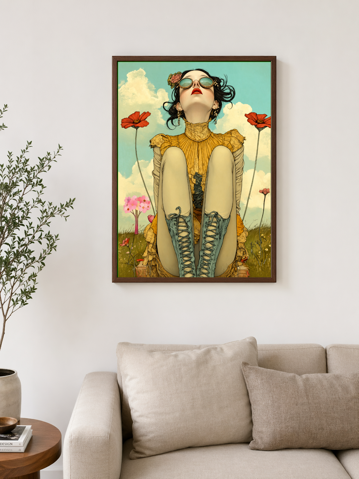 Whimsical Girl in Poppies Wall Art Print - dark wood framed