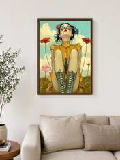 Whimsical Girl in Poppies Wall Art Print - dark wood framed