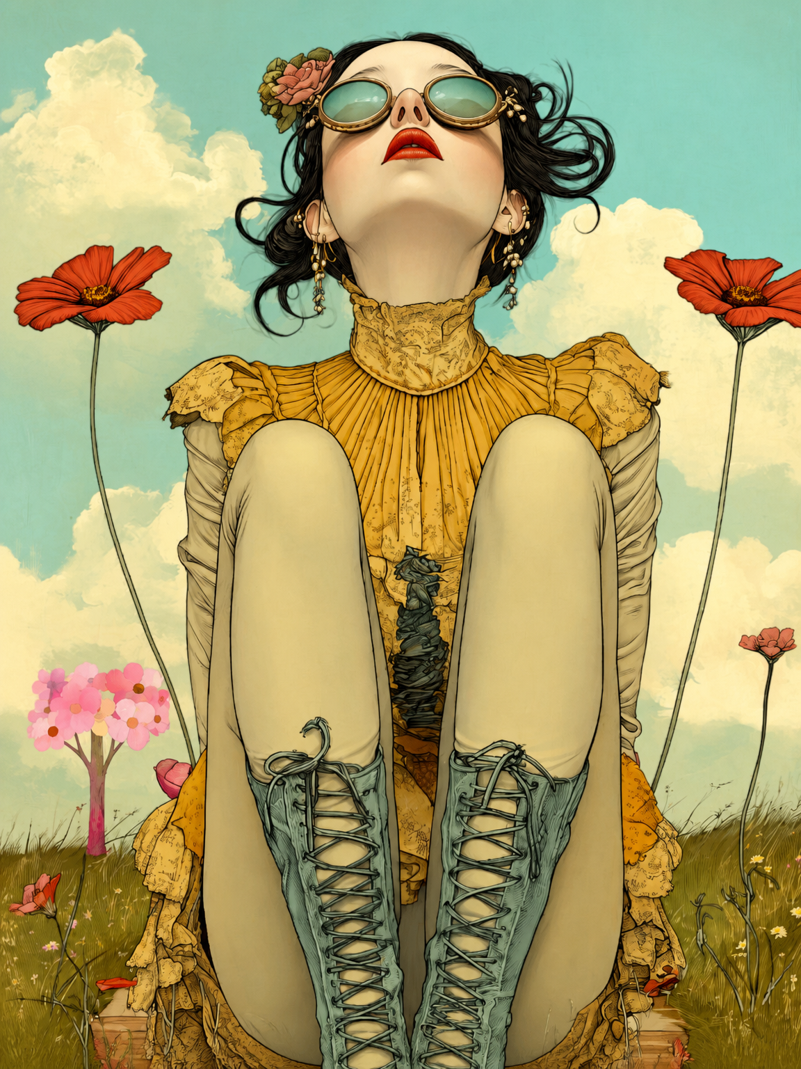 Whimsical Girl in Poppies Wall Art Print - unframed