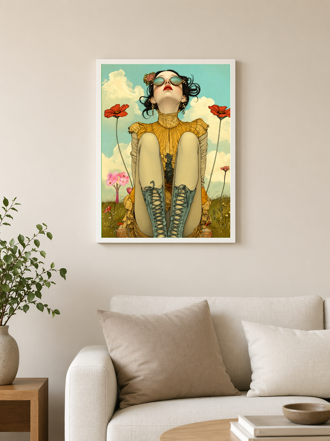 Whimsical Girl in Poppies Wall Art Print - white framed