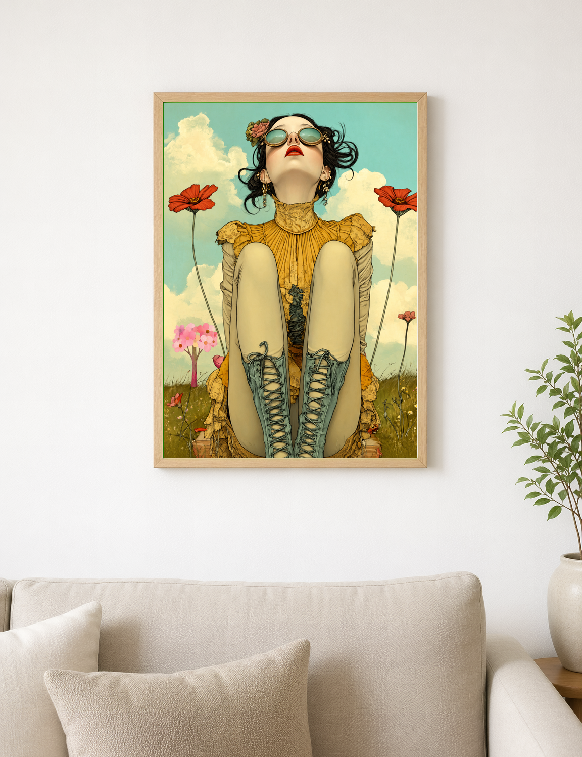 Whimsical Girl in Poppies Wall Art Print - wood framed poster
