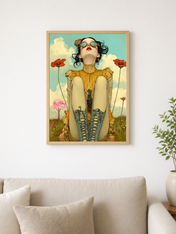 Whimsical Girl in Poppies Wall Art Print - wood framed poster
