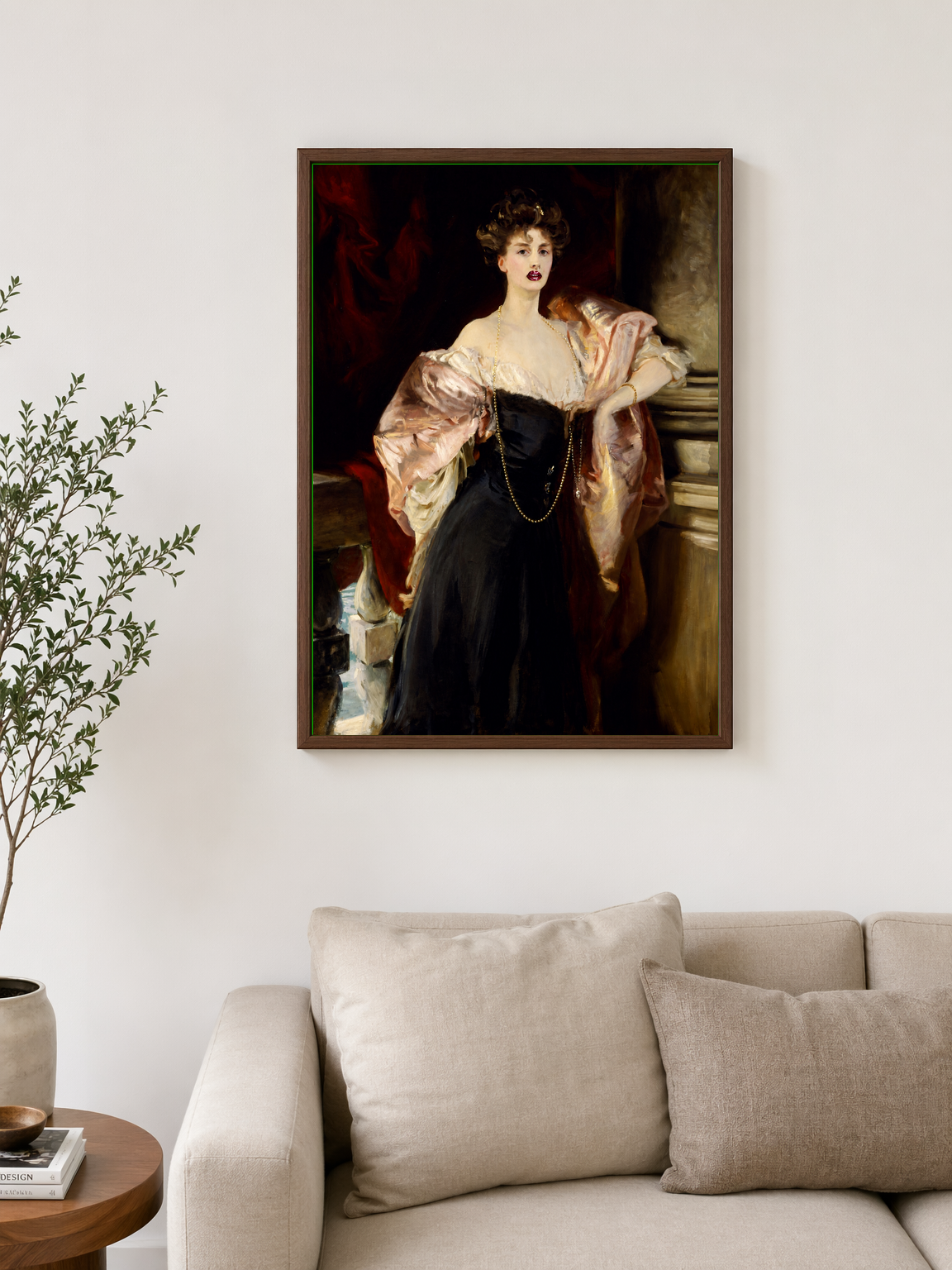 Elegant Lady in Black Gown Wall Art Print - dark wood framed