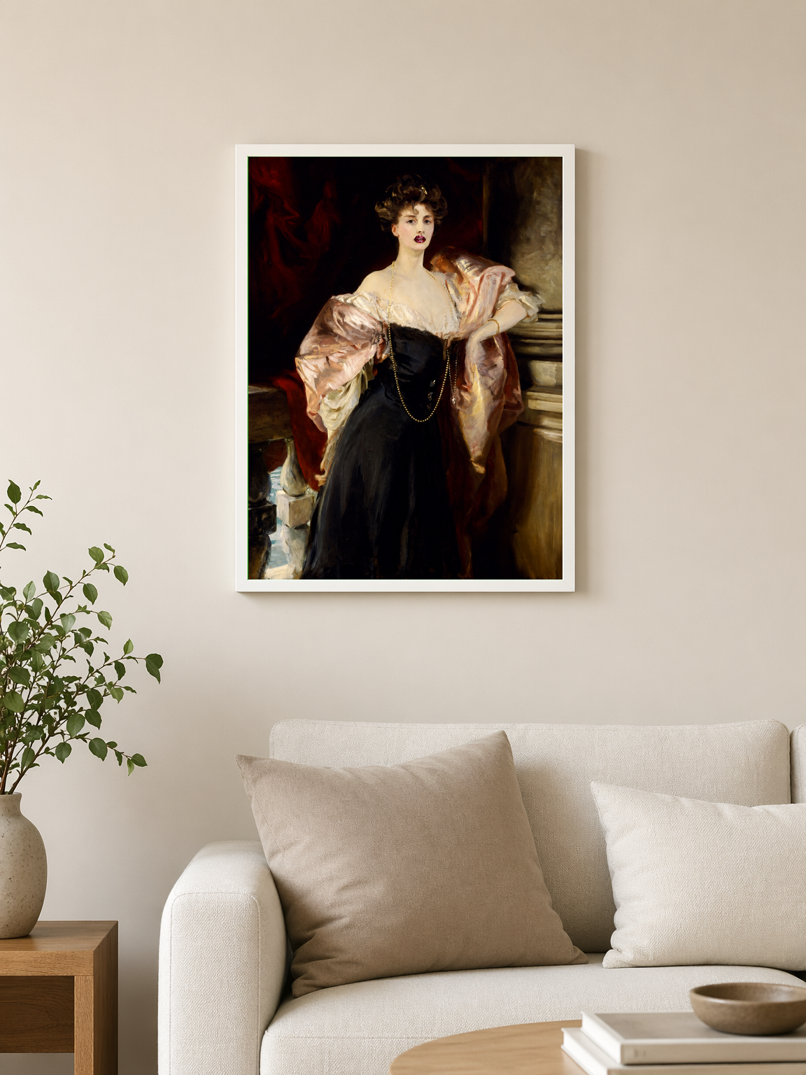 Elegant Lady in Black Gown Wall Art Print - white framed