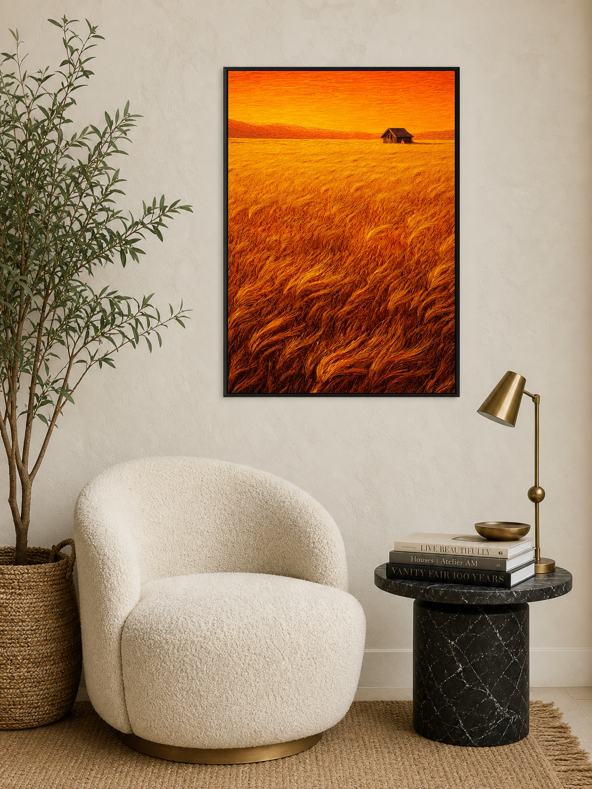 Golden Wheat Field Cabin Wall Art Print - black framed