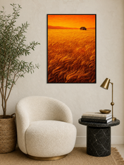 Golden Wheat Field Cabin Wall Art Print - black framed