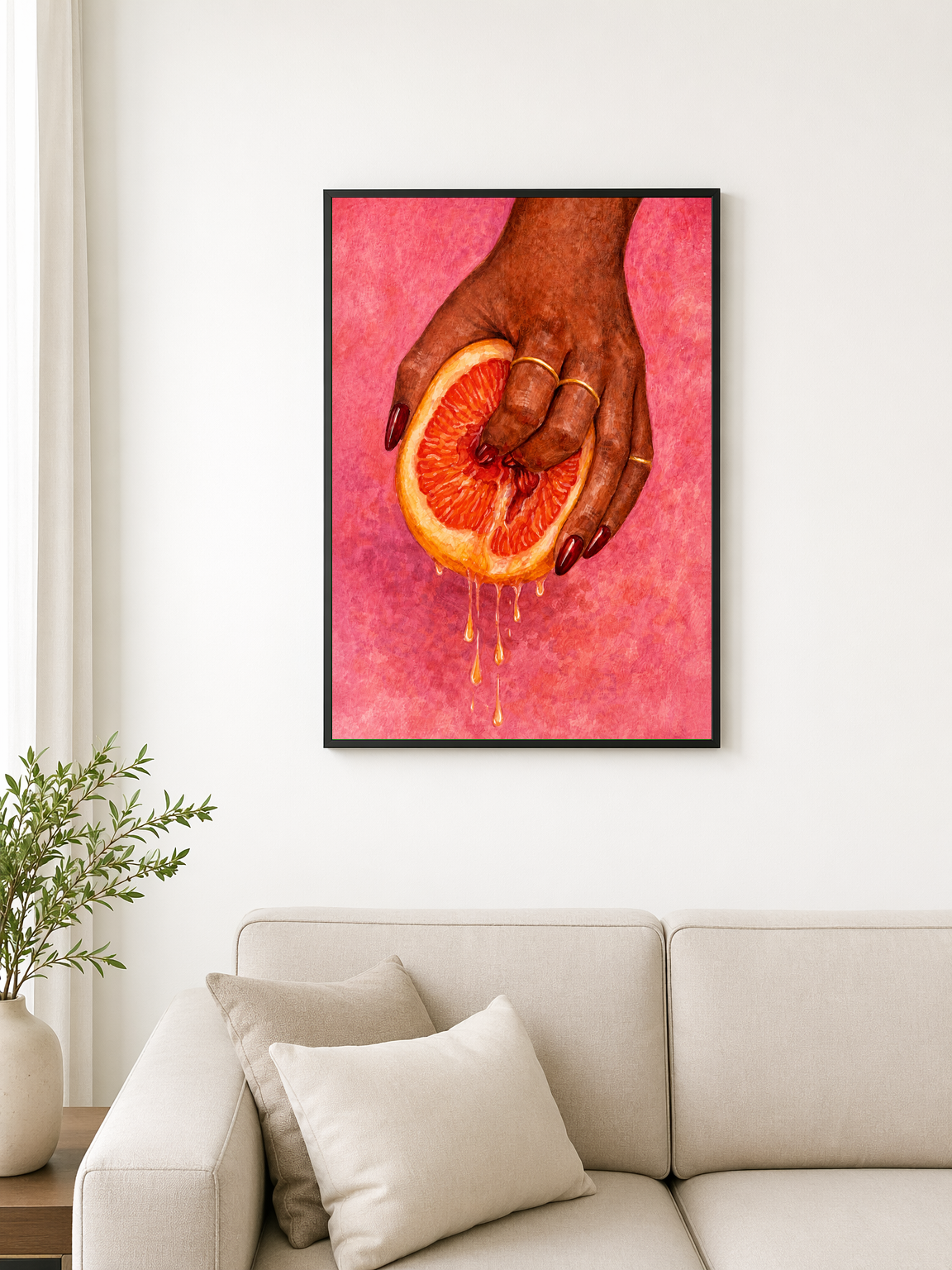 Grapefruit Hand Squeeze Wall Art Print - black framed