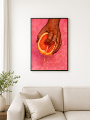 Grapefruit Hand Squeeze Wall Art Print - black framed