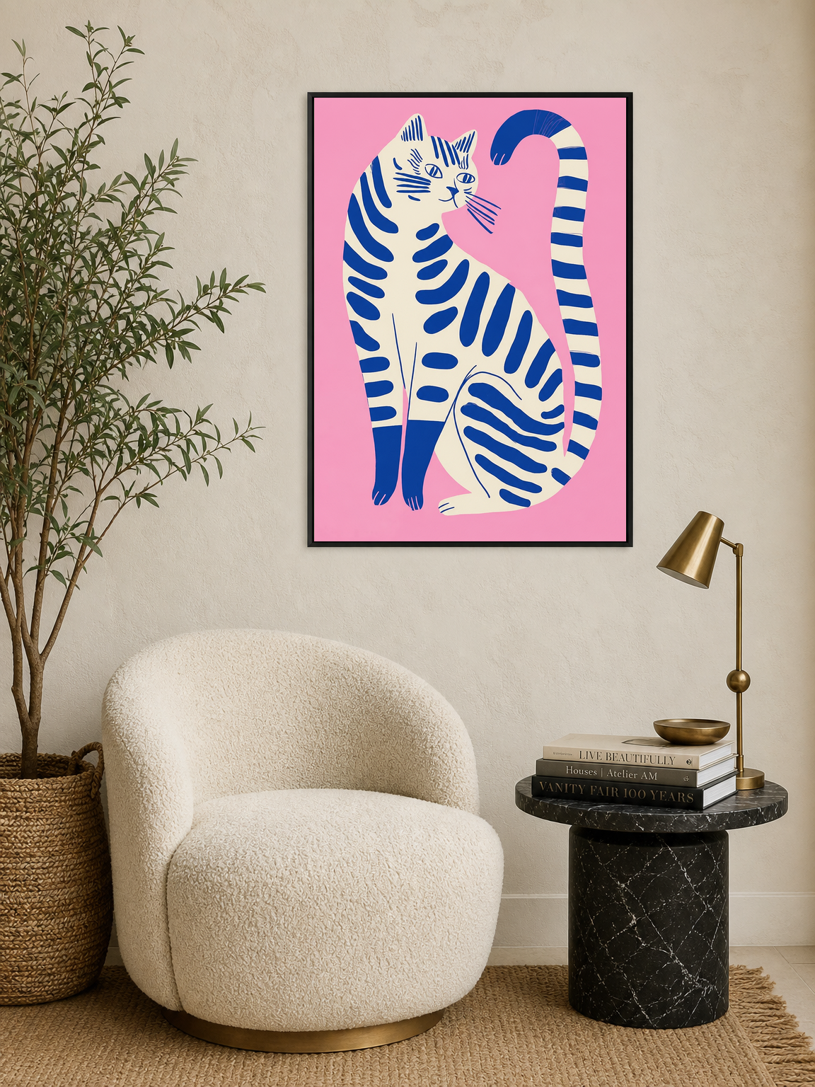 Modern Blue Cat Illustration Wall Art Print - black framed