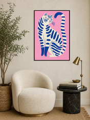 Modern Blue Cat Illustration Wall Art Print - black framed