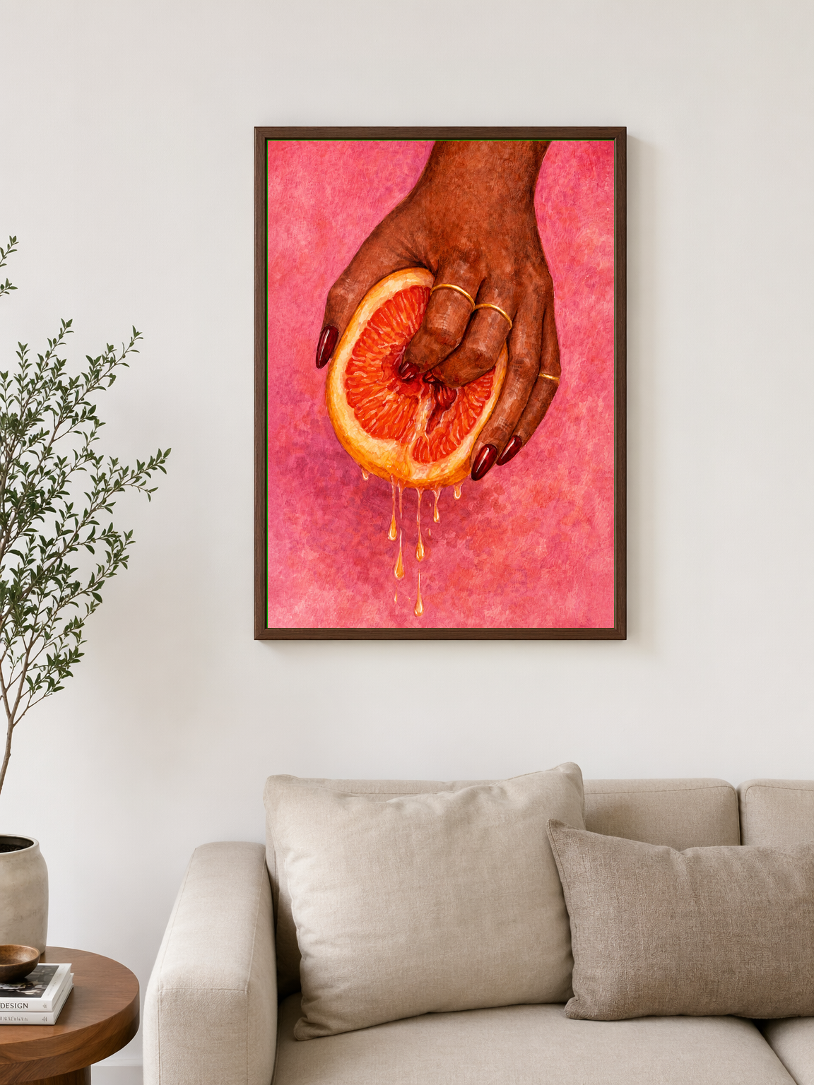 Grapefruit Hand Squeeze Wall Art Print - dark wood framed