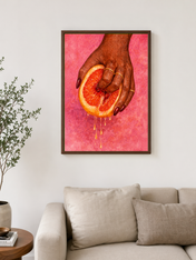 Grapefruit Hand Squeeze Wall Art Print - dark wood framed