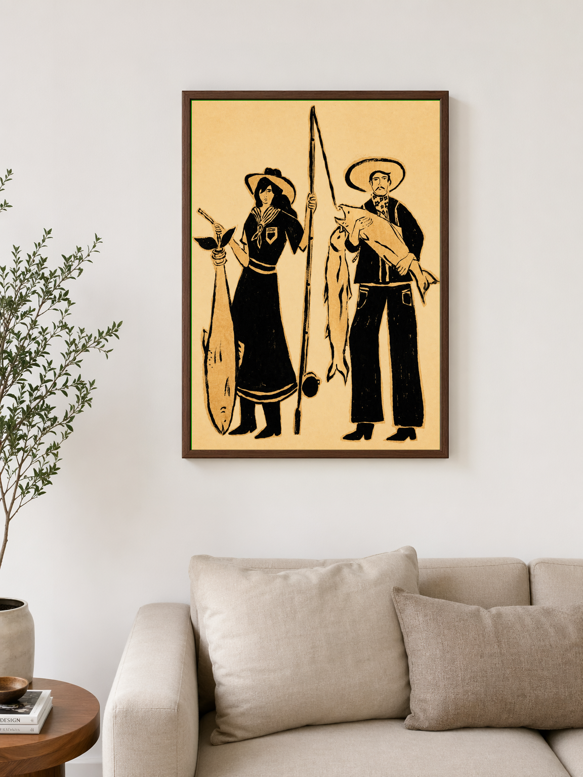 Vintage Fisherman Couple Wall Art Print - dark wood framed
