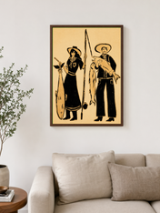 Vintage Fisherman Couple Wall Art Print - dark wood framed