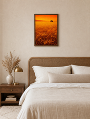 Golden Wheat Field Cabin Wall Art Print - dark wood framed