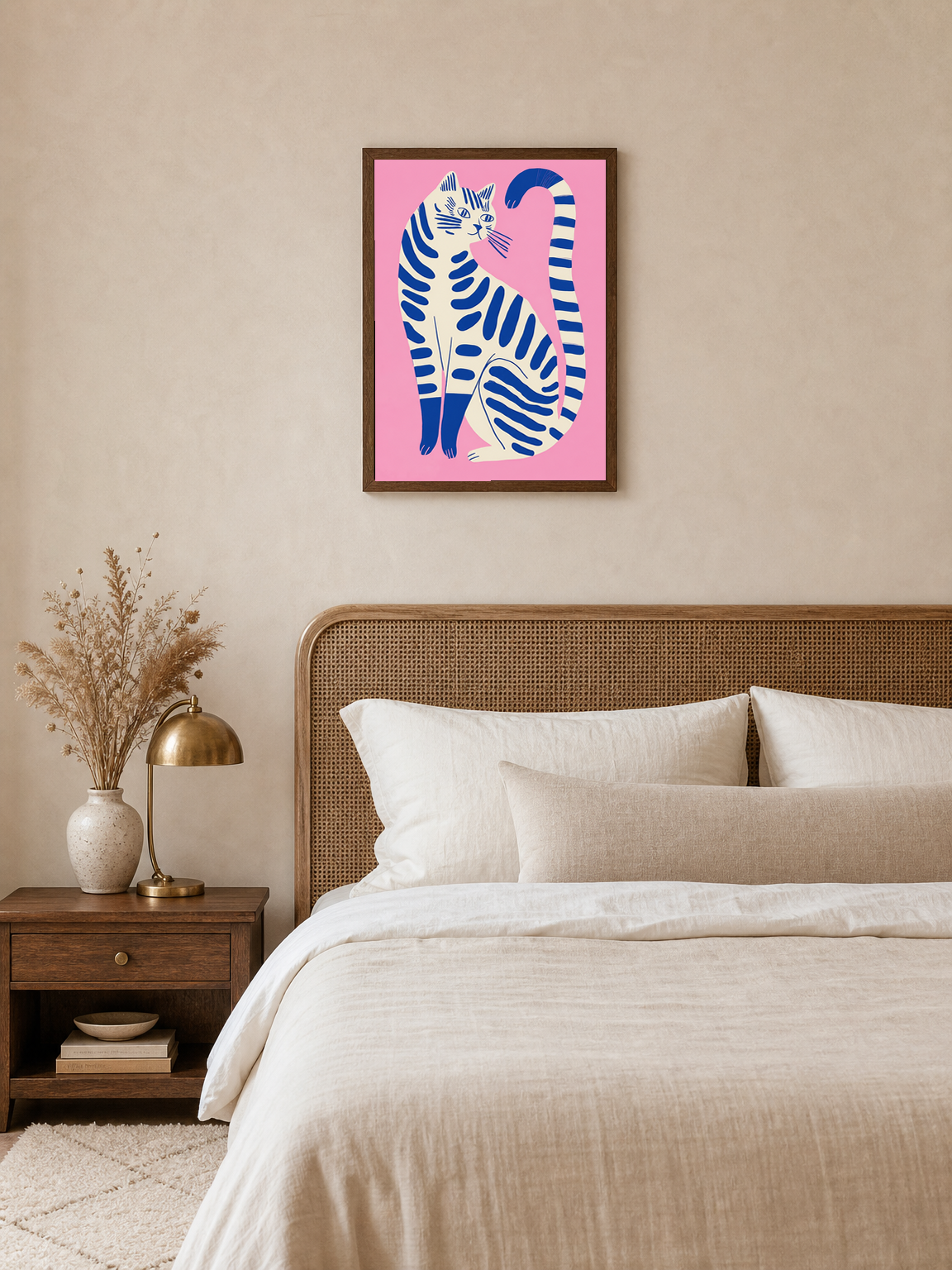 Modern Blue Cat Illustration Wall Art Print - dark wood framed