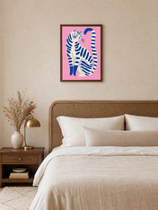 Modern Blue Cat Illustration Wall Art Print - dark wood framed